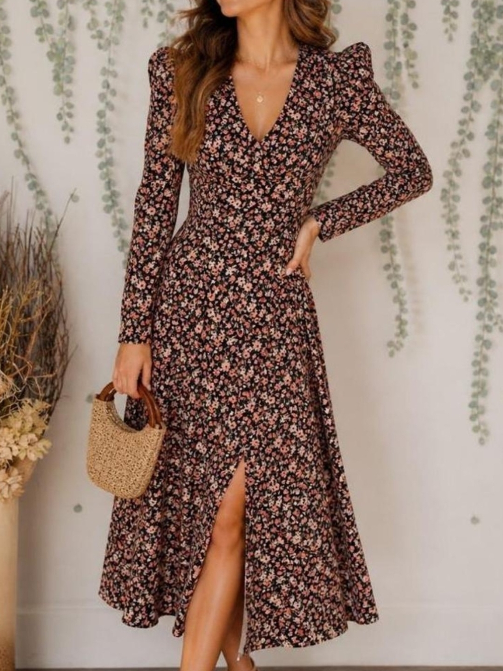 NWT ASTR The Label Floral Midi Dress Black Clay Shoulder Pad High Side Slit Sz S